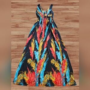 Colorful Feather Print Maxi Dress